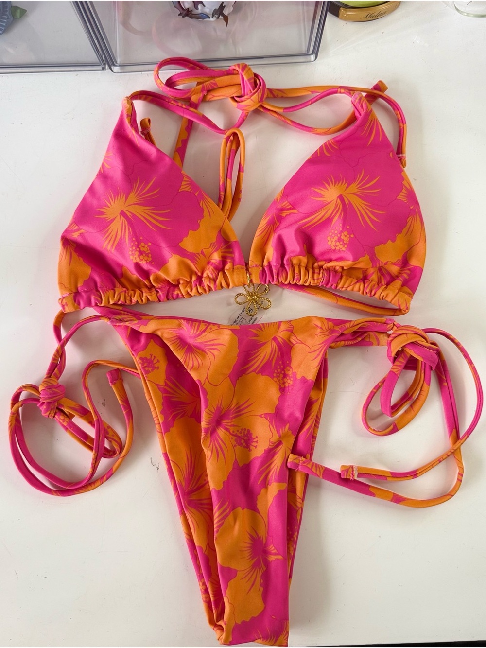 Pink & Orange Floral Tie Bikini Set